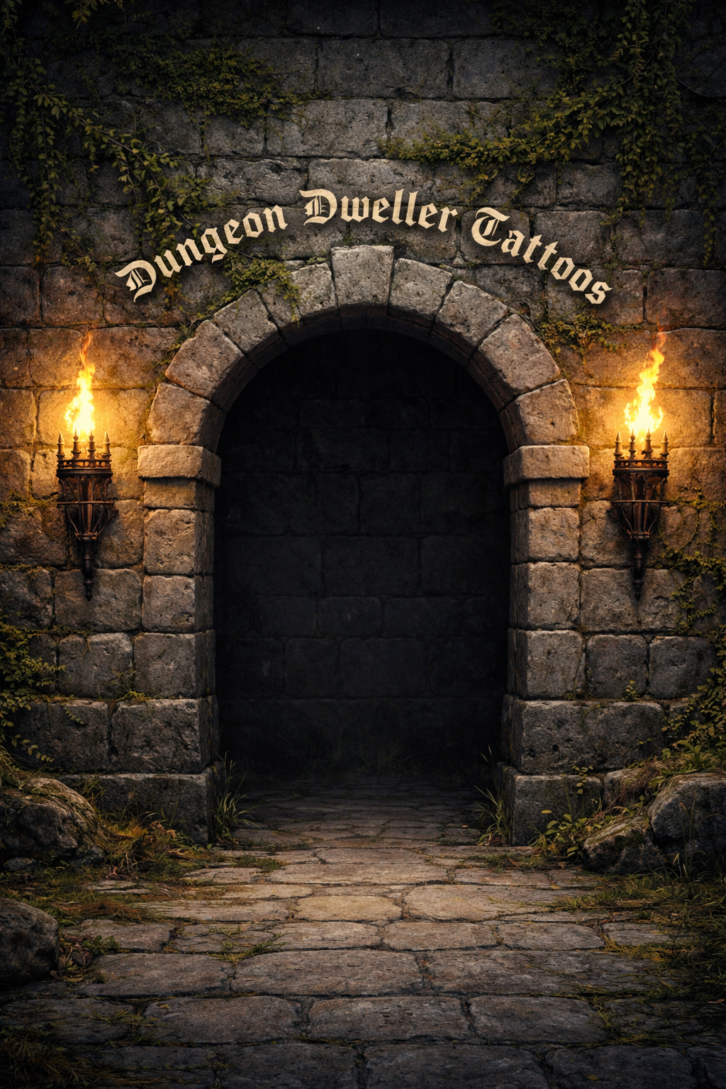 Dungeon Dweller Tattoos fantasy castle wall with torches